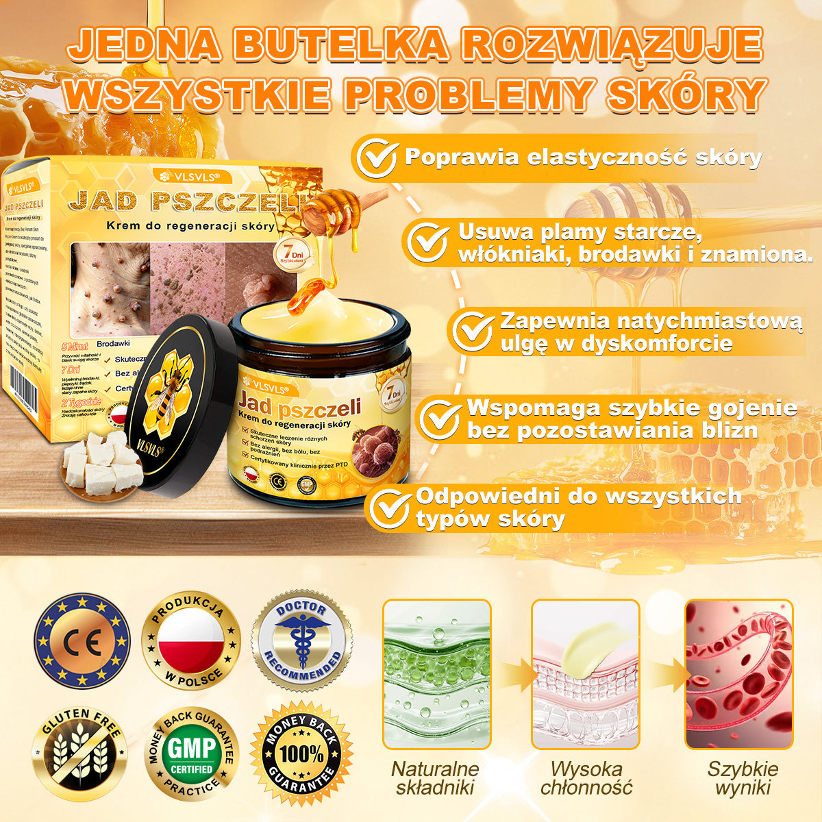 🌸🌸VLSVLS® Jad Pszczoły Kompleksowy Krem🥇pomaga w leczeniu problemów skórnych, takich jak: zmarszczki, blizny, plamy pigmentacyjne, rozstępy, trądzik, łuszczyca, egzema, zmiany skórne, podrażnienia, stany zapalne i inne problemy skórne🔥